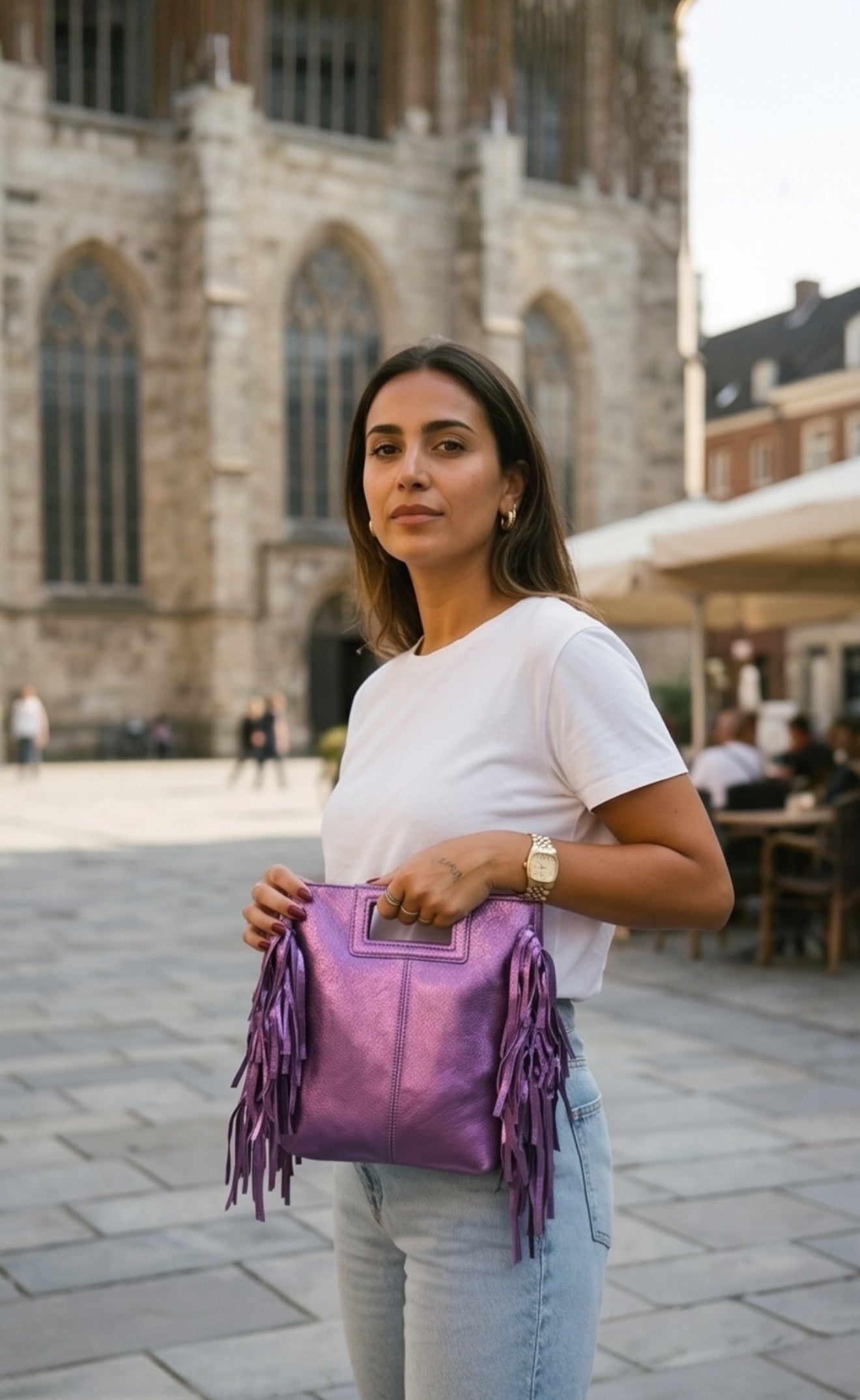 Bolso Flecos Piel Metalizado Morado