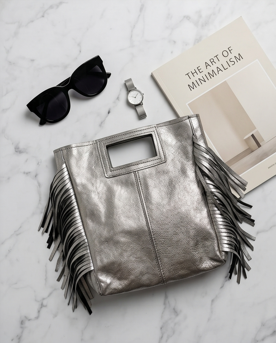 Bolso Flecos Piel Metalizado Plata