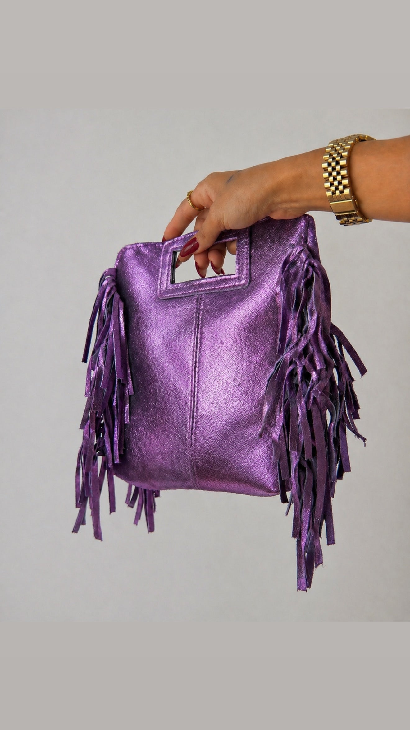 Bolso Flecos Piel Metalizado Morado
